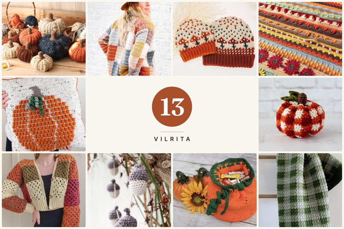 Collage of 13 free autumn crochet patterns: pumpkins, a pumpkin pillow, a treat bag, two cardigans, a mushroom hat, an acorn garland and blankets