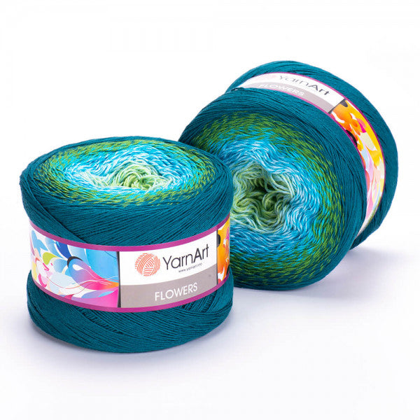 YarnArt Flowers 256 Turquoise & Jade – cotton acrylic gradient cake yarn