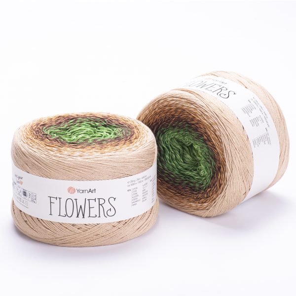YarnArt Flowers 308 Soft Dark Brown & Moss – cotton acrylic gradient cake yarn