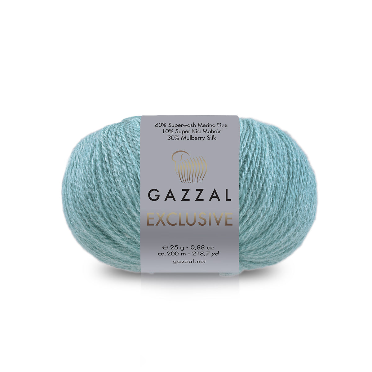 Gazzal Exclusive 9934 Žalsvai žydra – merino vilnos, šilko ir moherio siūlai