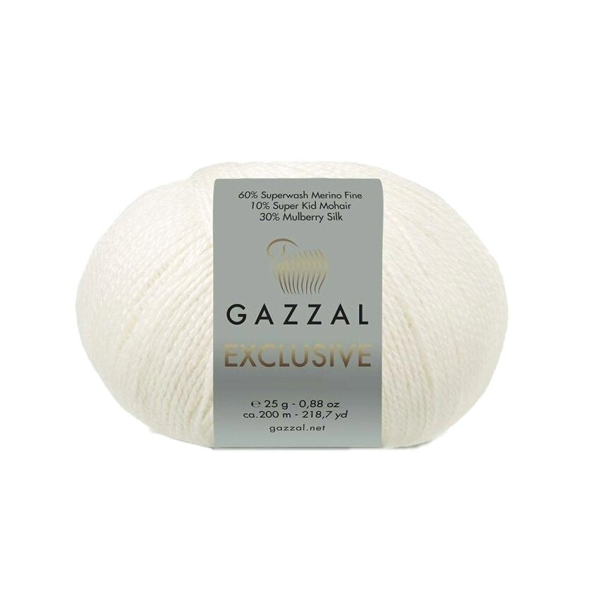 Gazzal Exclusive 9909 Kreminė – merino vilnos, šilko ir moherio siūlai