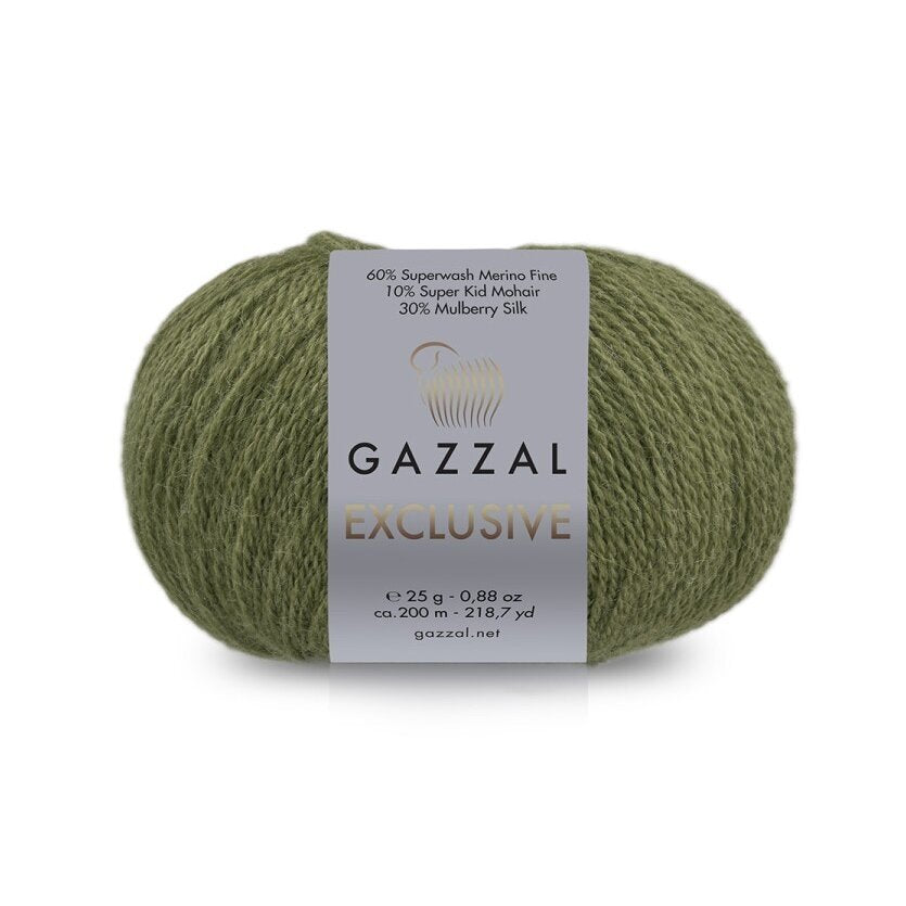 Gazzal Exclusive 9932 Tamsių alyvuogių – merino vilnos, šilko ir moherio siūlai