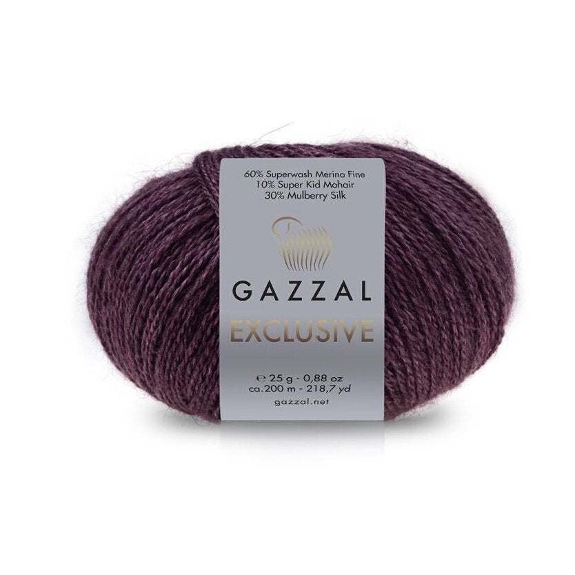 Gazzal Exclusive 9910 Baklažano – merino vilnos, šilko ir moherio siūlai