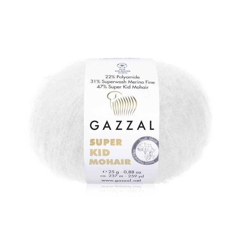 Gazzal Super Kid Mohair 64439 Balta – moherio siūlai su merino