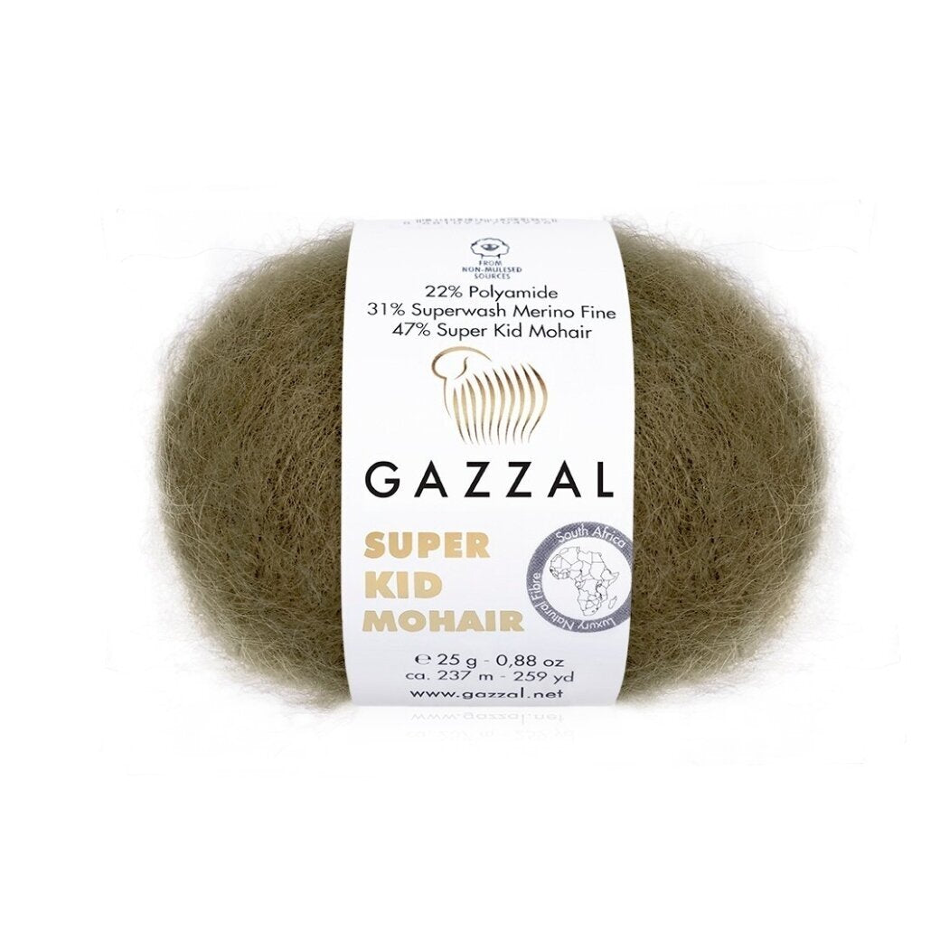 Gazzal Super Kid Mohair 64403 Tamsių alyvuogių – moherio siūlai su merino