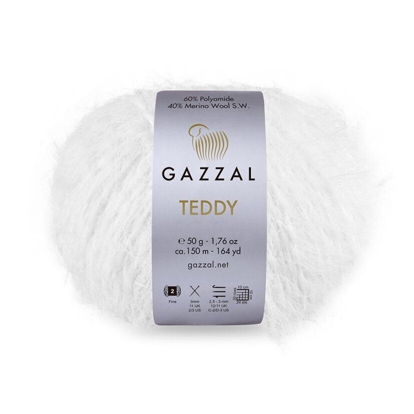 Gazzal Teddy 6564 Balta – buklē dzija ar merino vilnu