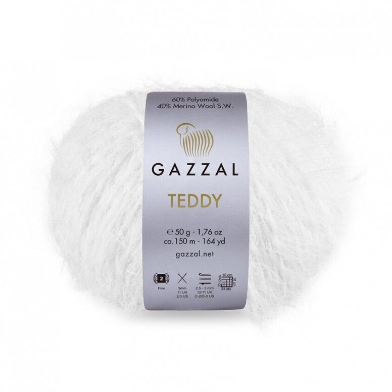 Gazzal Teddy 6530 Pienbalta – buklē dzija ar merino vilnu