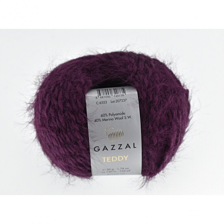 Gazzal Teddy 6553 Baklažāna – buklē dzija ar merino vilnu
