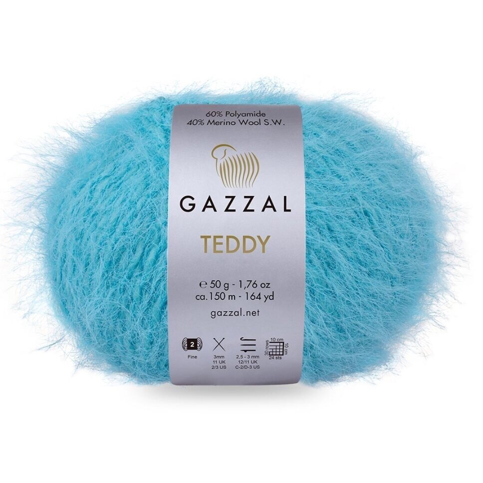 Gazzal Teddy 6557 Tirkīza – buklē dzija ar merino vilnu