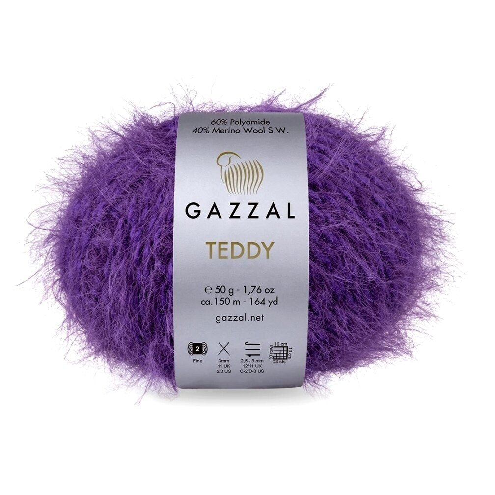 Gazzal Teddy 6551 Purpura – buklē dzija ar merino vilnu