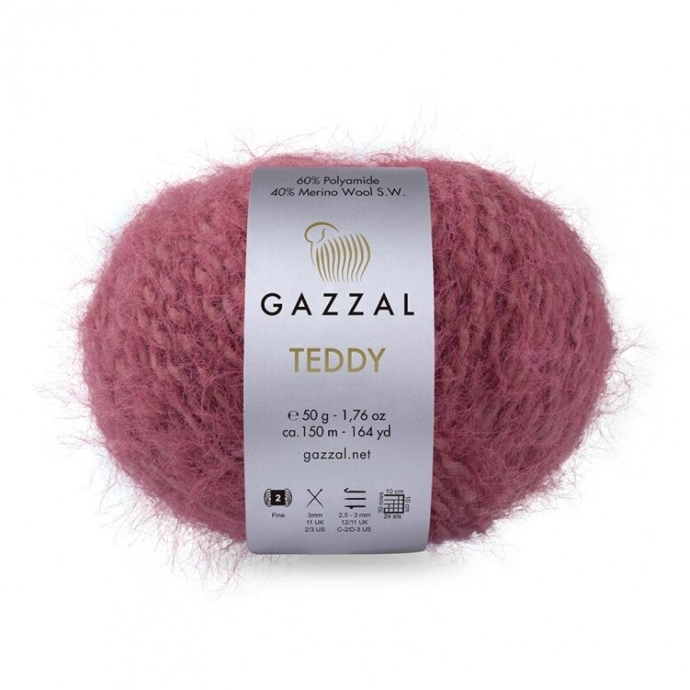 Gazzal Teddy 6549 Tumši rozā – buklē dzija ar merino vilnu