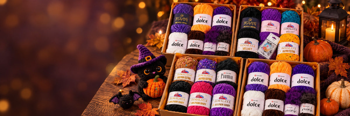 Halloween yarn kits by Vilrita – four boxes of plush chenille yarn with crocheted black cat and bat