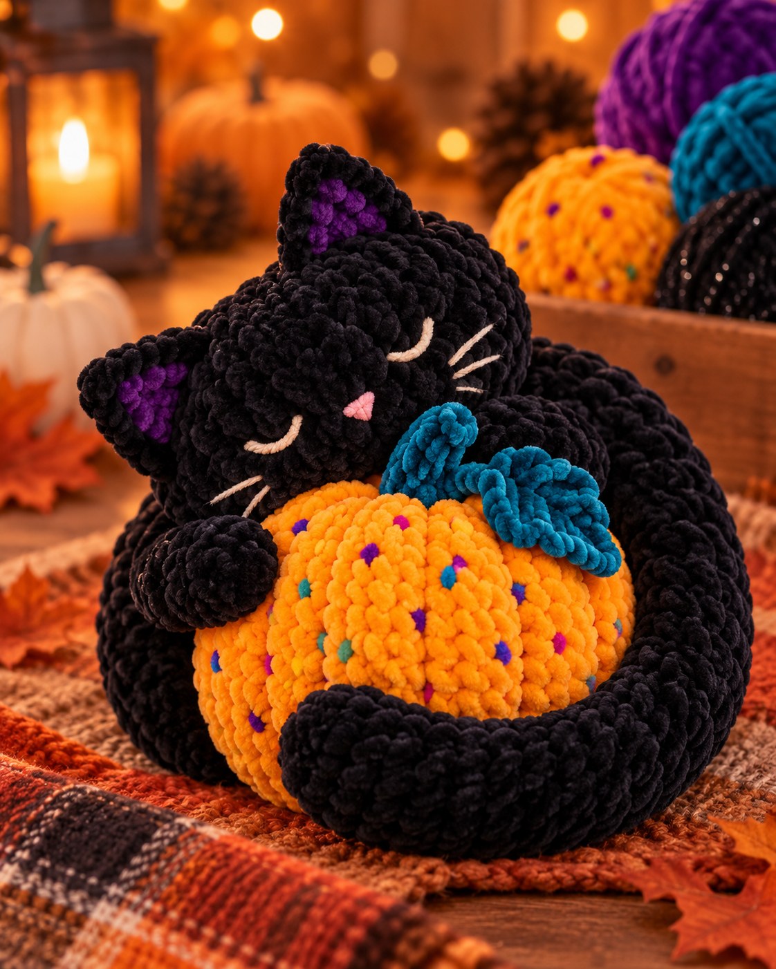 Idea: sleeping crochet black cat curled around a pumpkin – inspiration only, no pattern included