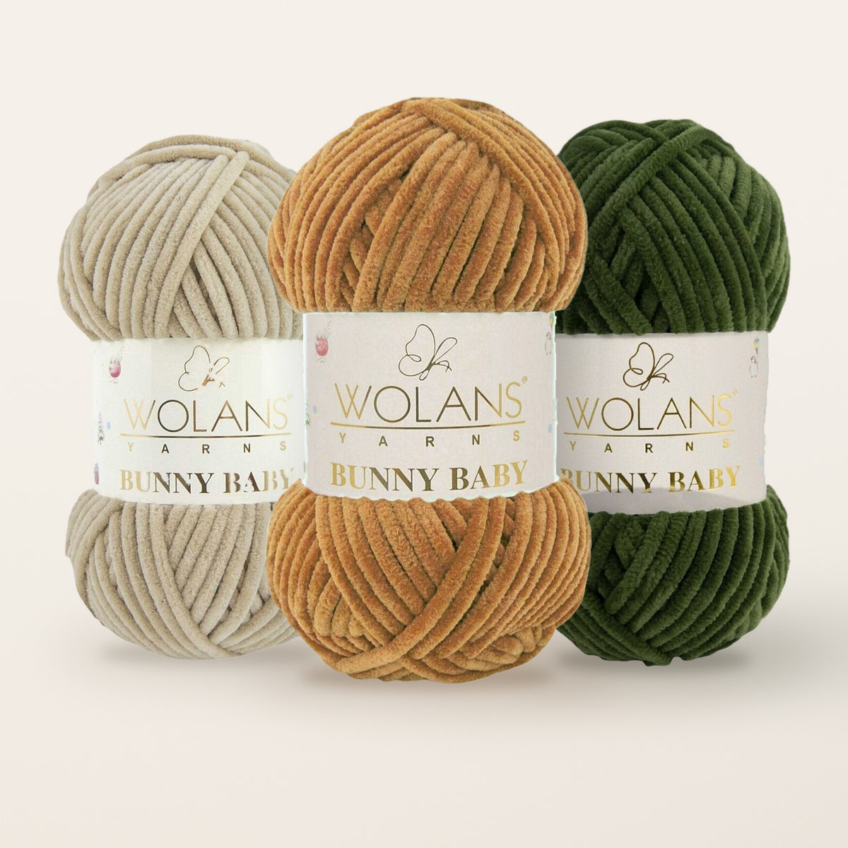 WOLANS Bunny Baby chenille yarn – Linen, Caramel and Dark Olive