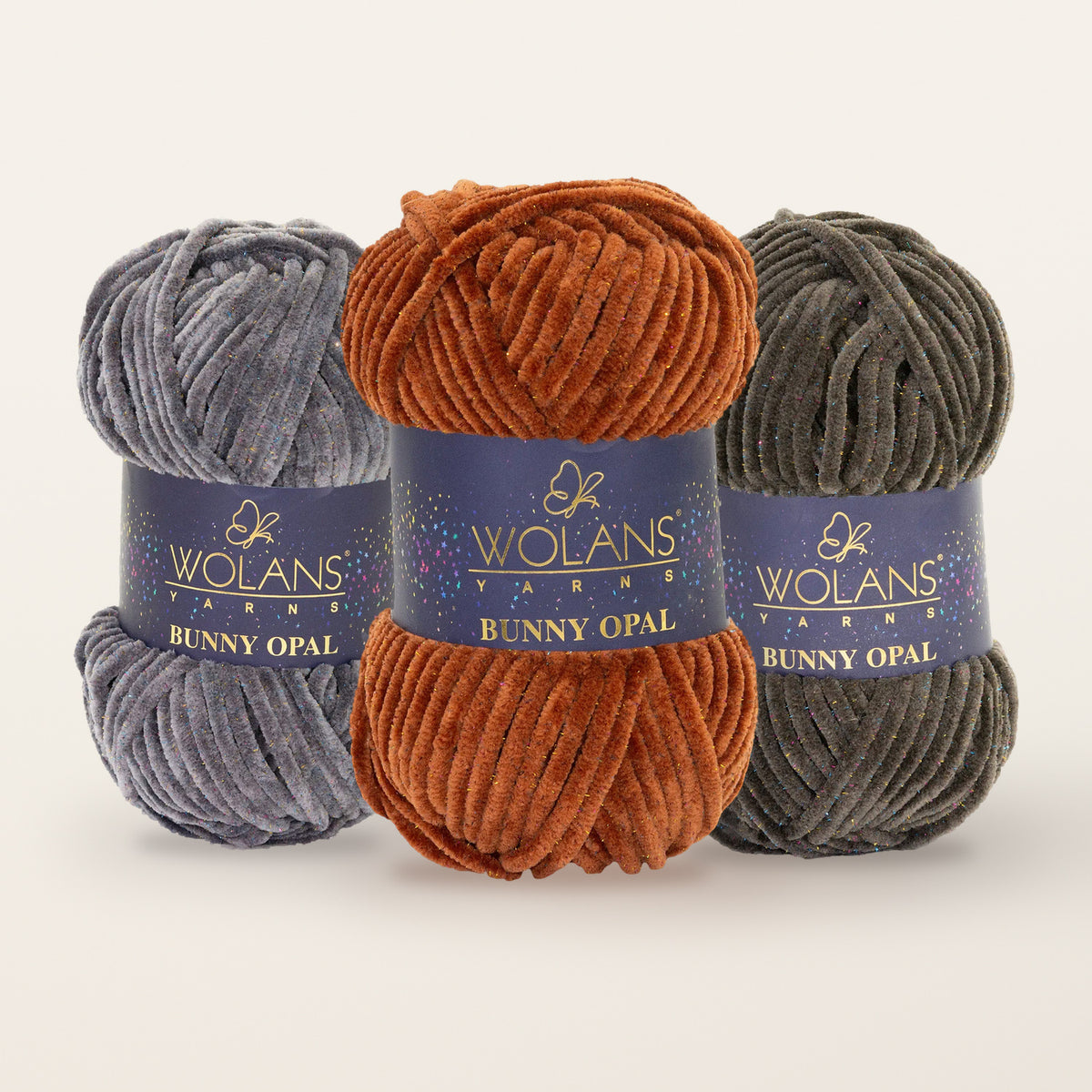 Wolans Bunny Opal chenille yarn – Grey, Rust and Olive