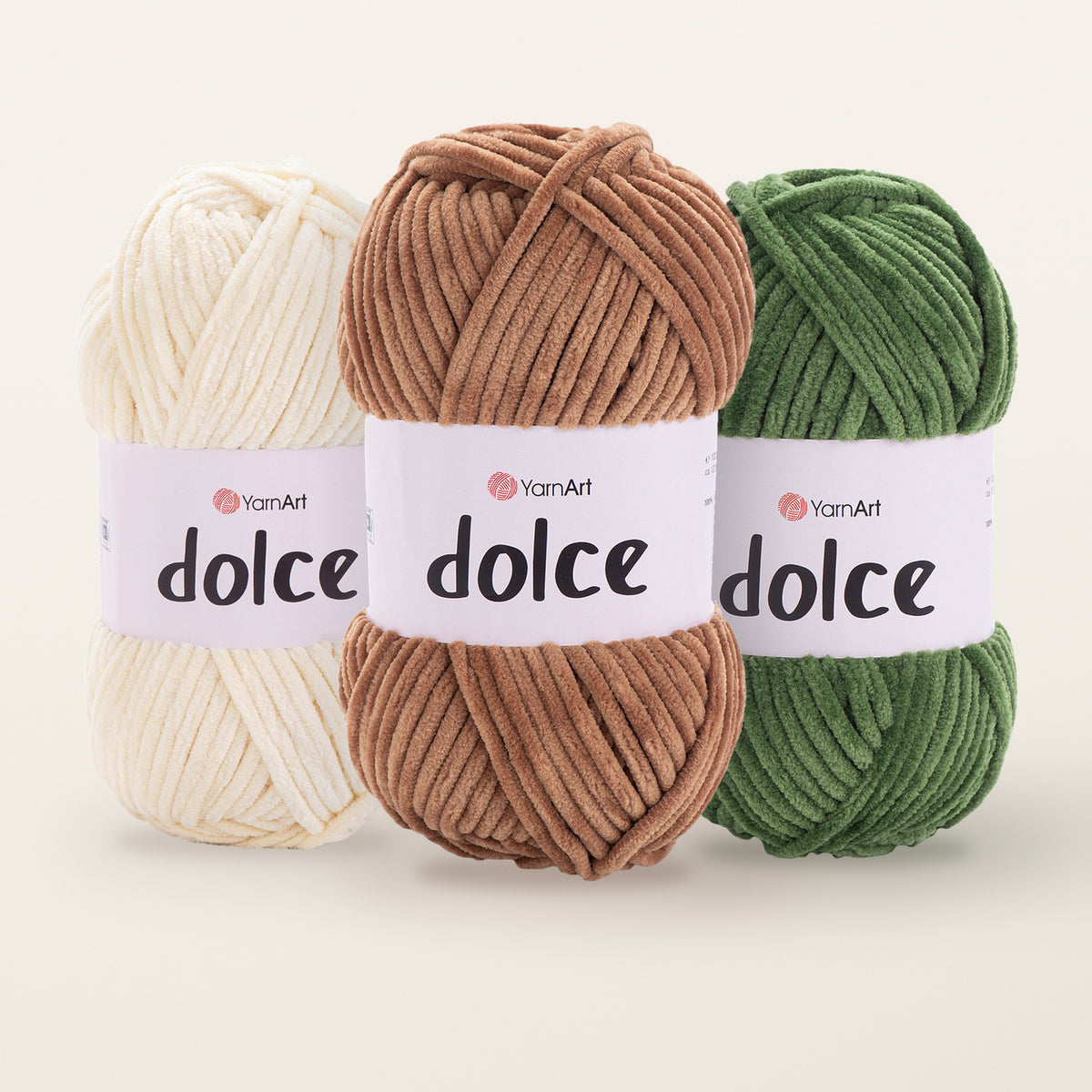 YarnArt Dolce chenille yarn – Ecru, Mocha and Dark Olive